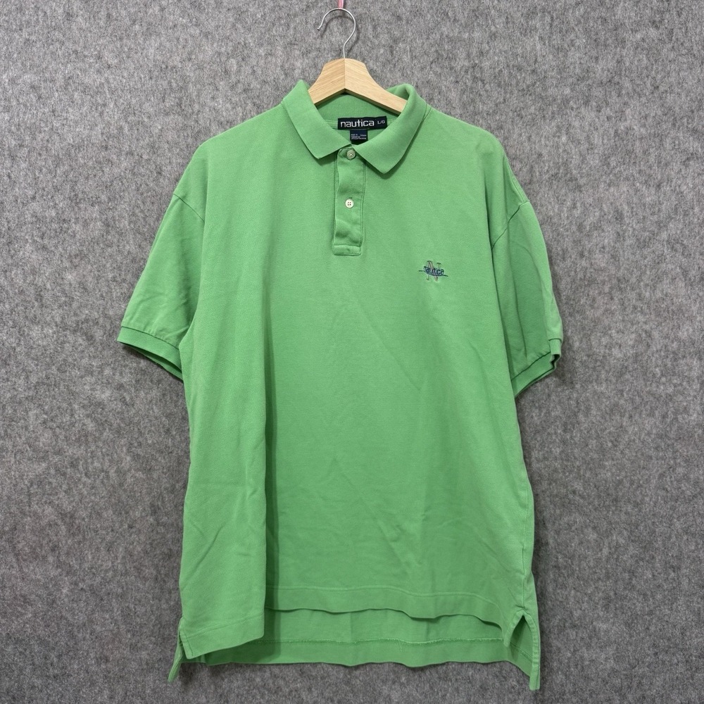 Nautica Polo Shirt Mens L Green Vintage Cotton Made in Canada Short Sleeve Logo